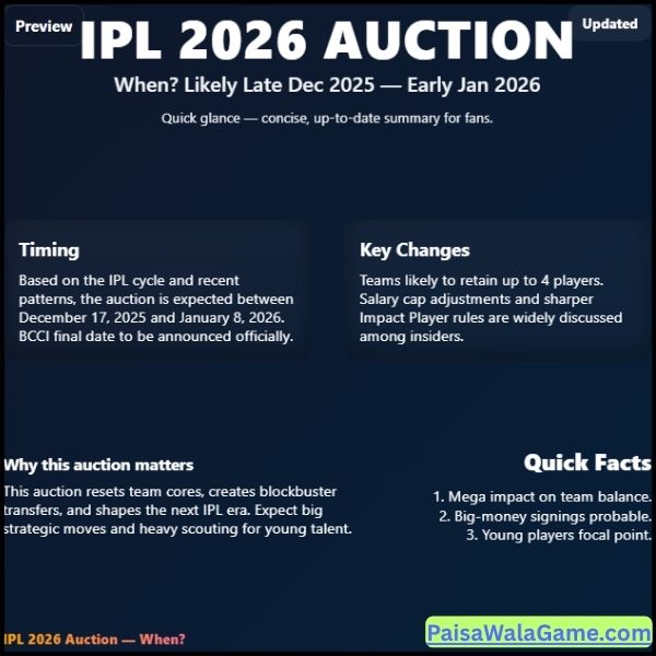  आईपीएल 2026 का ऑक्शन कब शुरू होगा